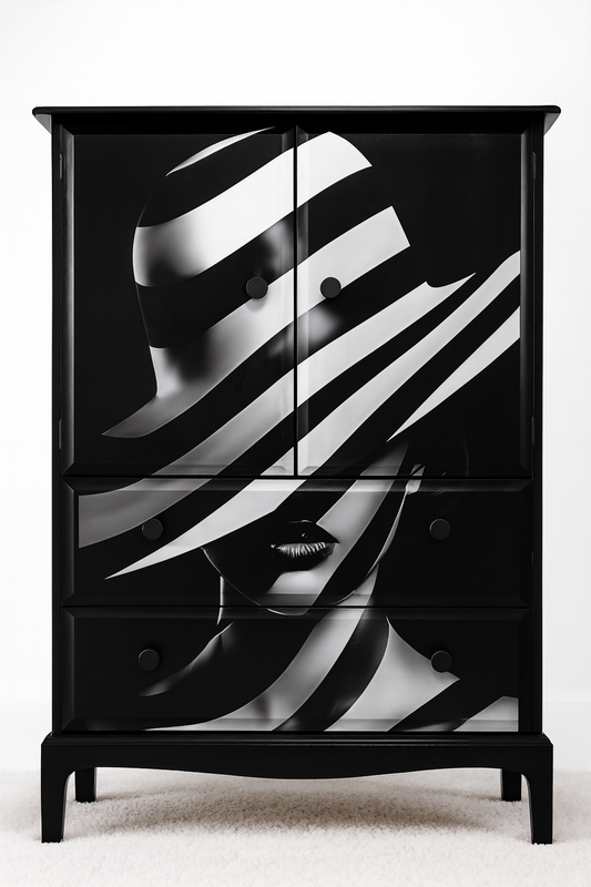 Stag Linen Press | Jet Black Gloss Cabinet with Striking Femme Artwork & Dramatic Yellow Interior