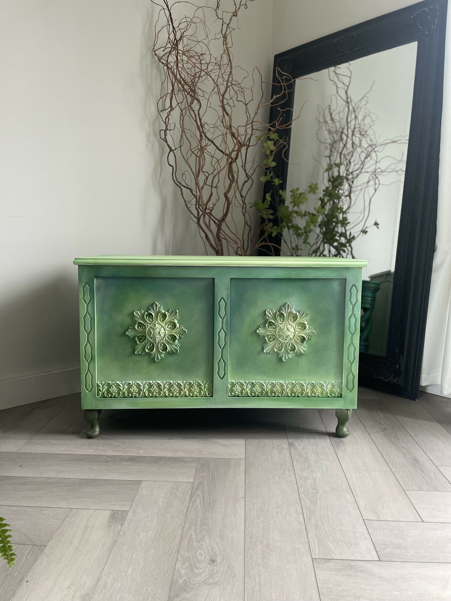 Vintage blanket box, hand painted green, boho