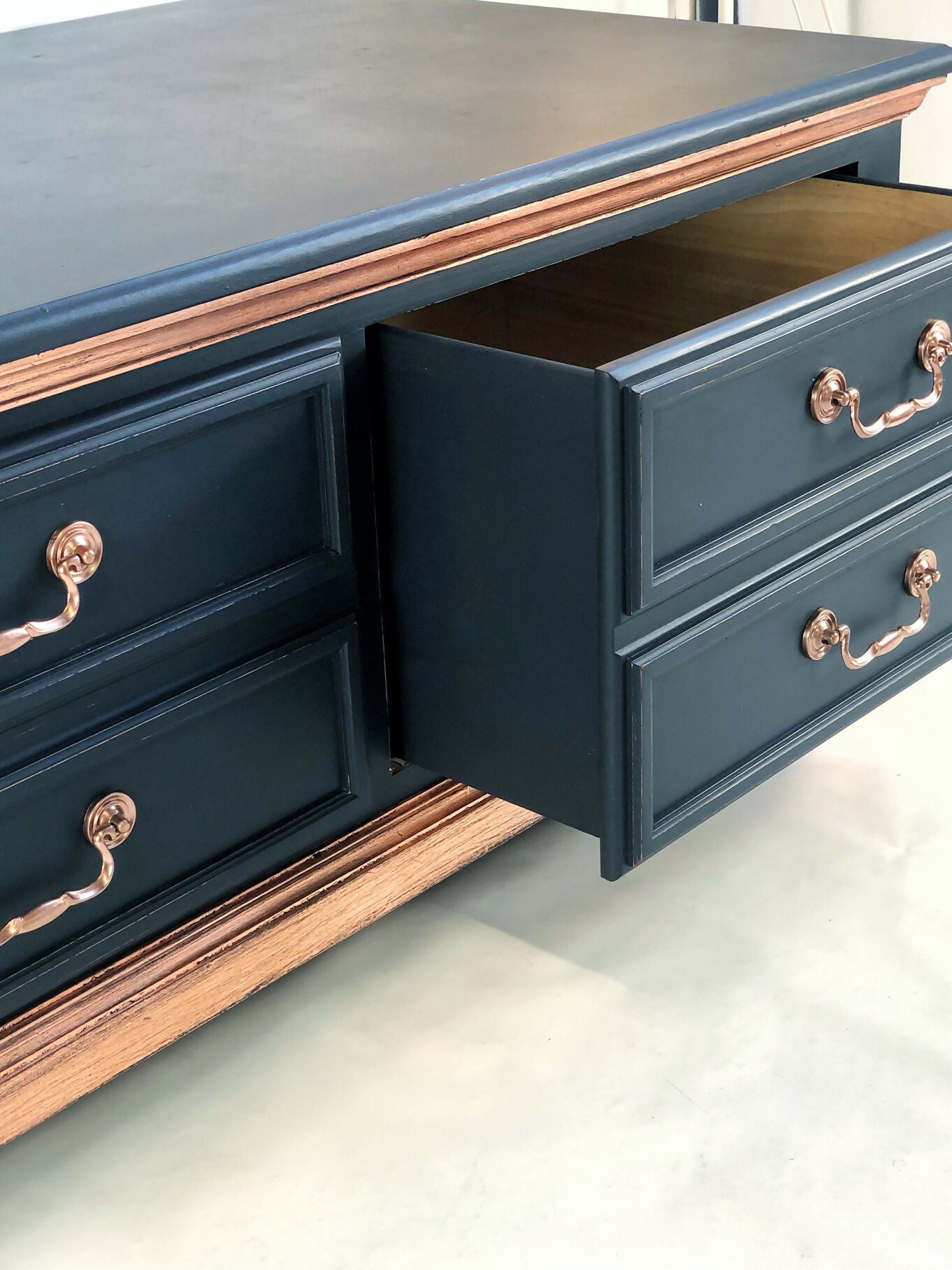 Stunning Navy And Copper Two Drawer Coffee Table