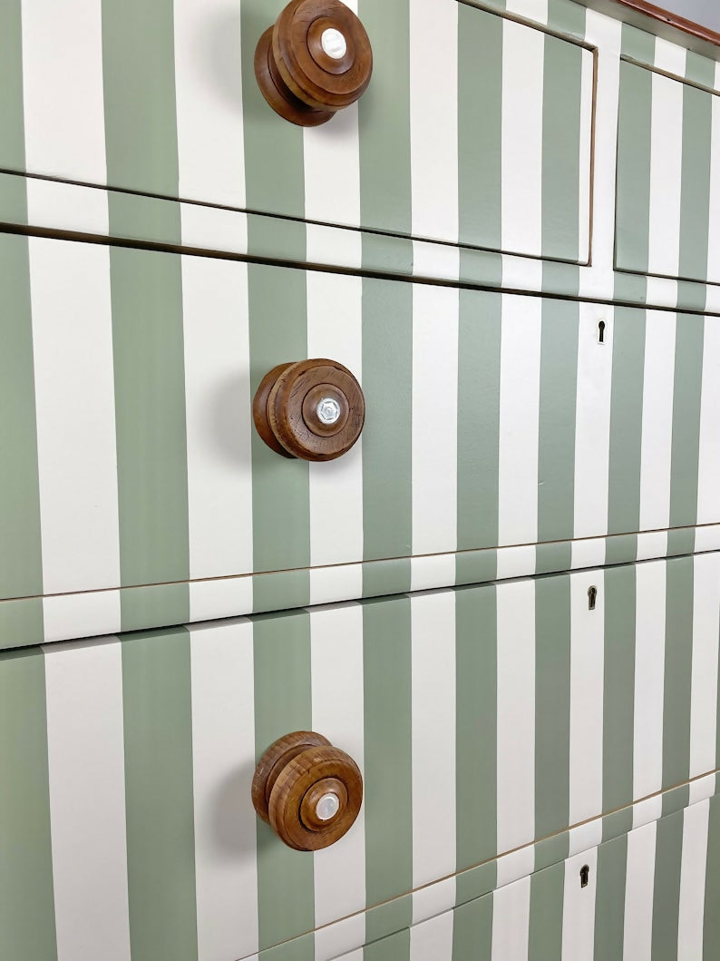 painted green and white Victorian pine chest of drawers with original solid oak handles