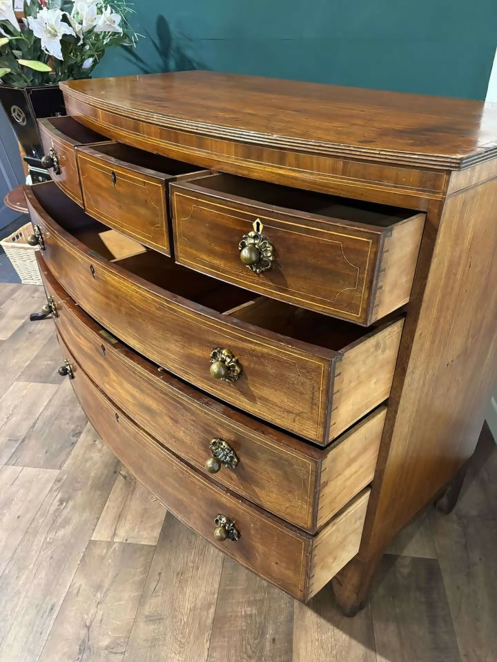 19th Century String Inlaid Bow Fronted Mahogany Chest Of Drawersx