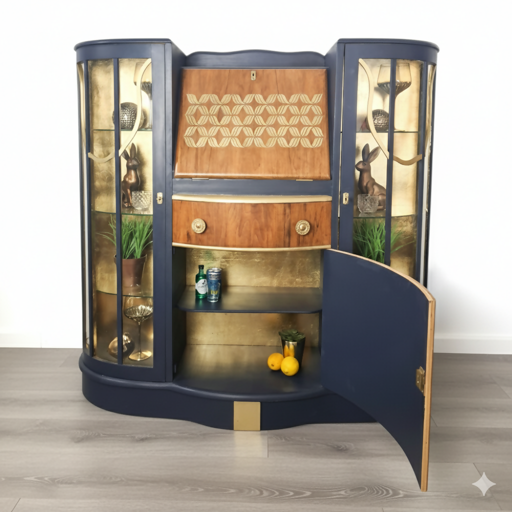 MADE TO ORDER. navy blue and gold cocktail cabinet cabinet