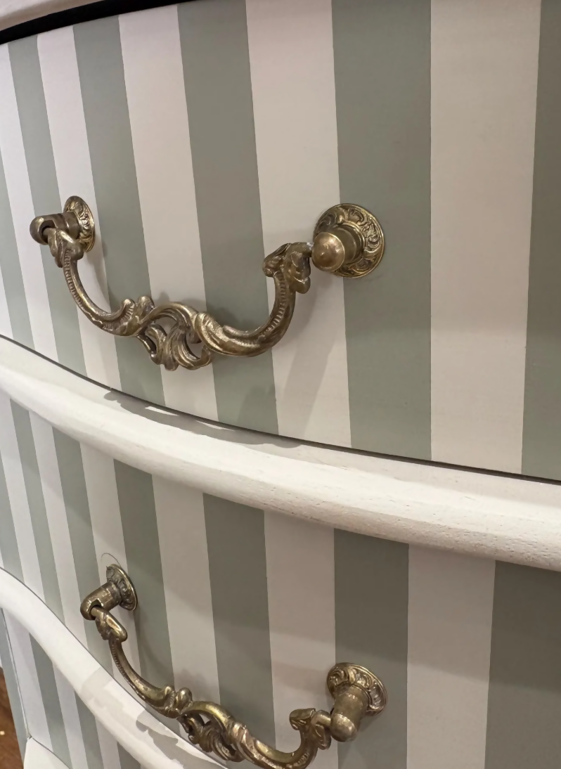 Elegant Hand-Painted French Tallboy Chest of Drawers | Sage Green & Ivory Stripe | Vintage Style