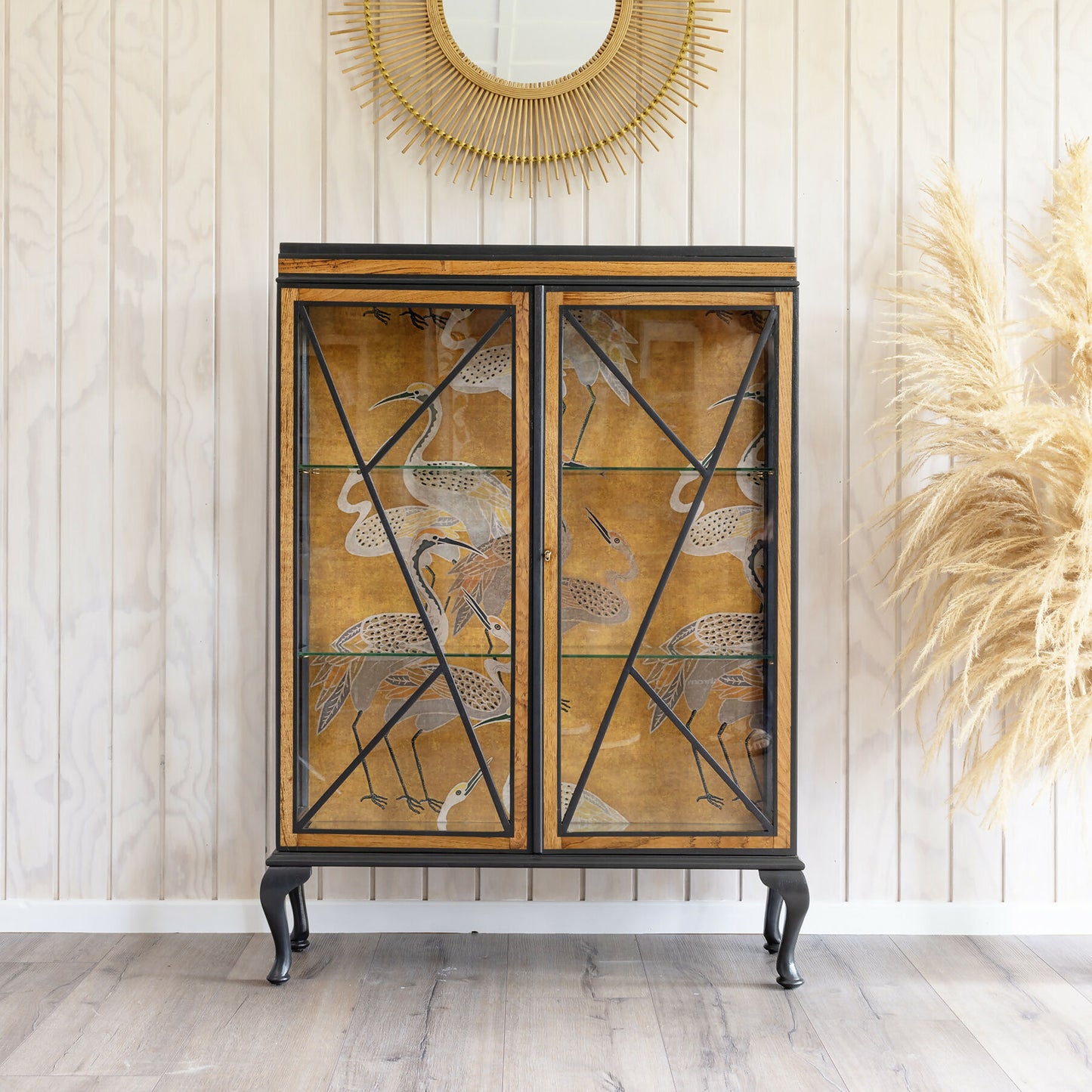 Professionally finished stunning Art Deco drinks cabinet, distinguished by its unique diamond frontage and crane fabric in ochre and grey. Sold, commission available.