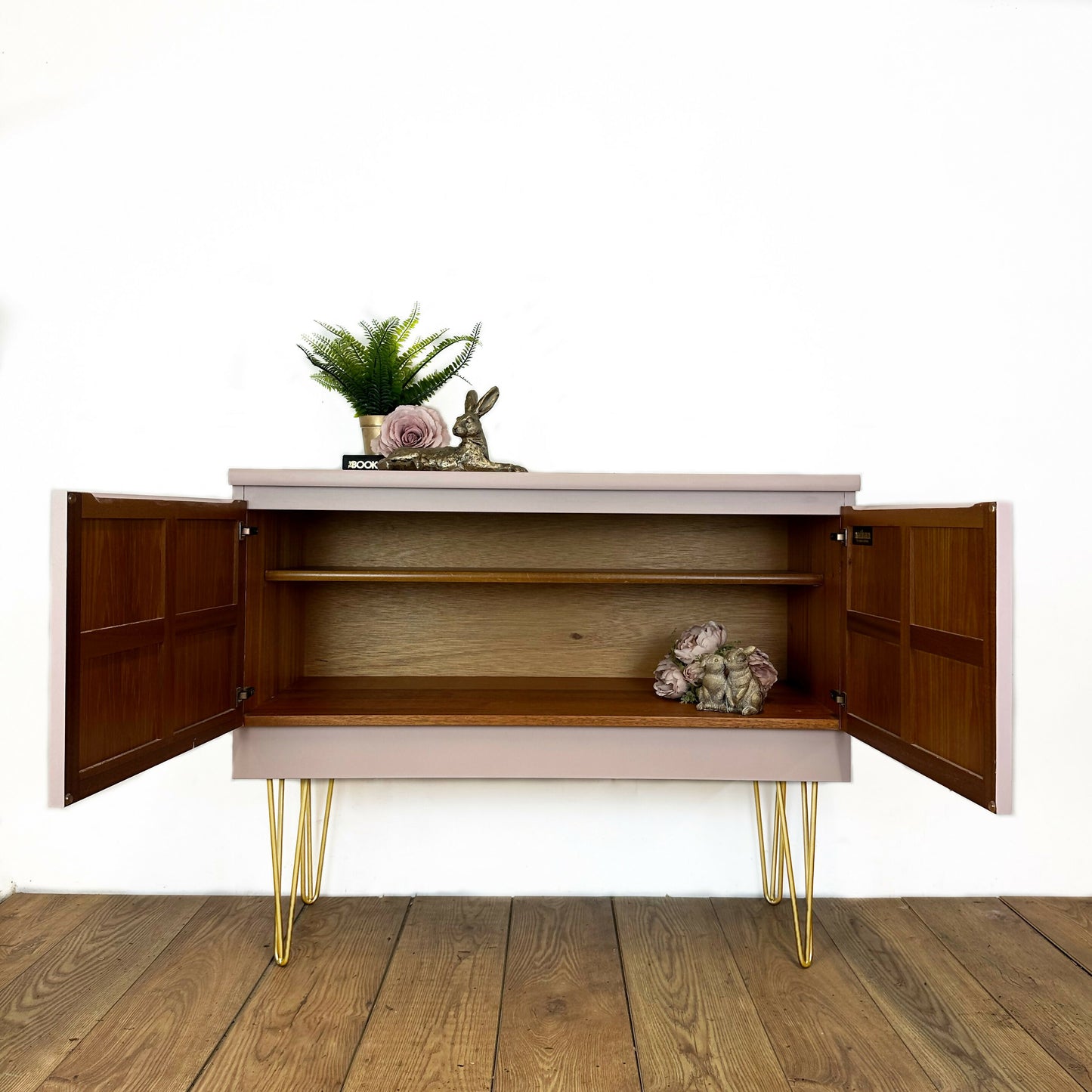 MADE TO ORDER Refurbished Nathan sideboard, TV unit, pale dusky pink, blossom flight, birds, country cottage, mid century, vintage console table, cupboard