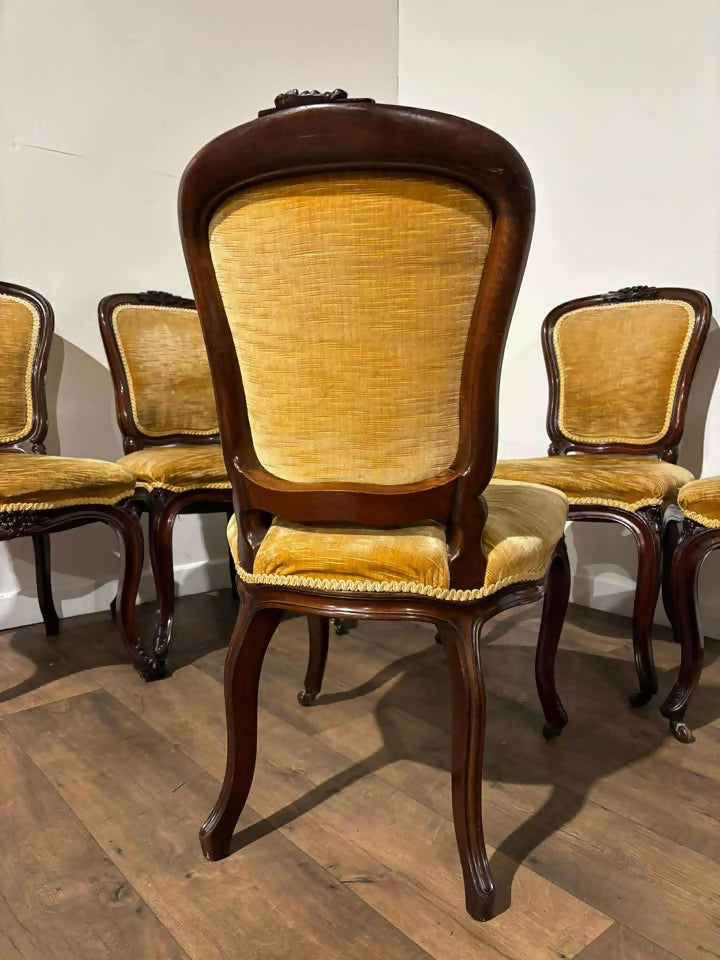 Vintage Set Of Six French Mahogany Framed Dining Chairs