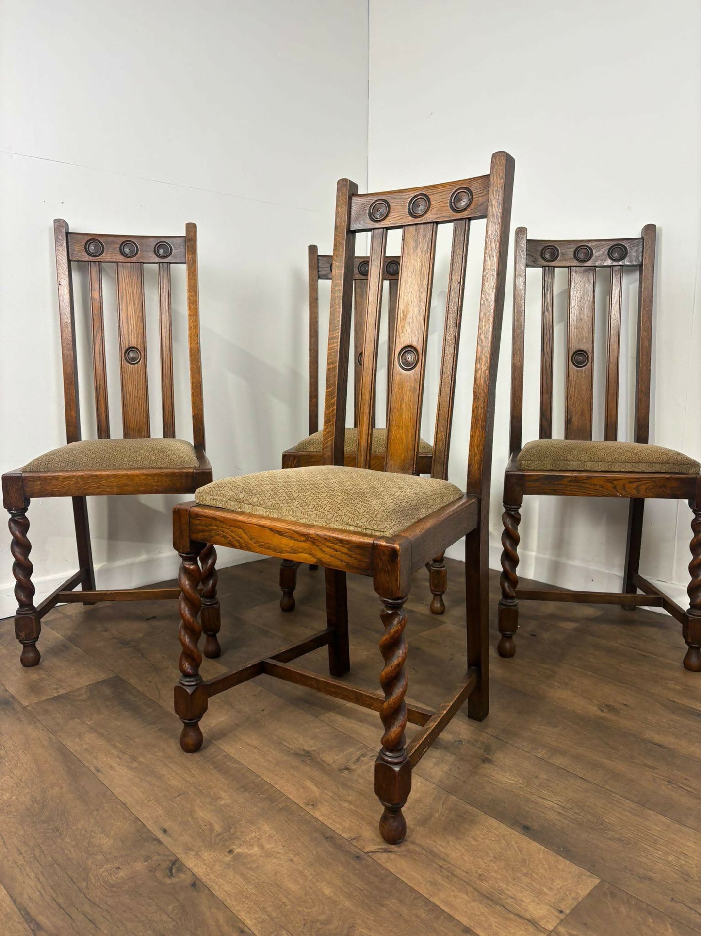 Vintage Set of Four Oak High Back Barley Twist Dining Chairs