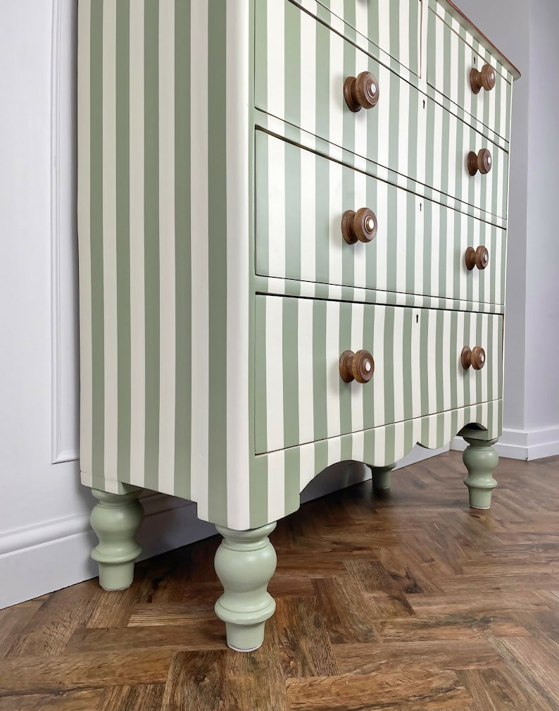 painted green and white Victorian pine chest of drawers with original solid oak handles