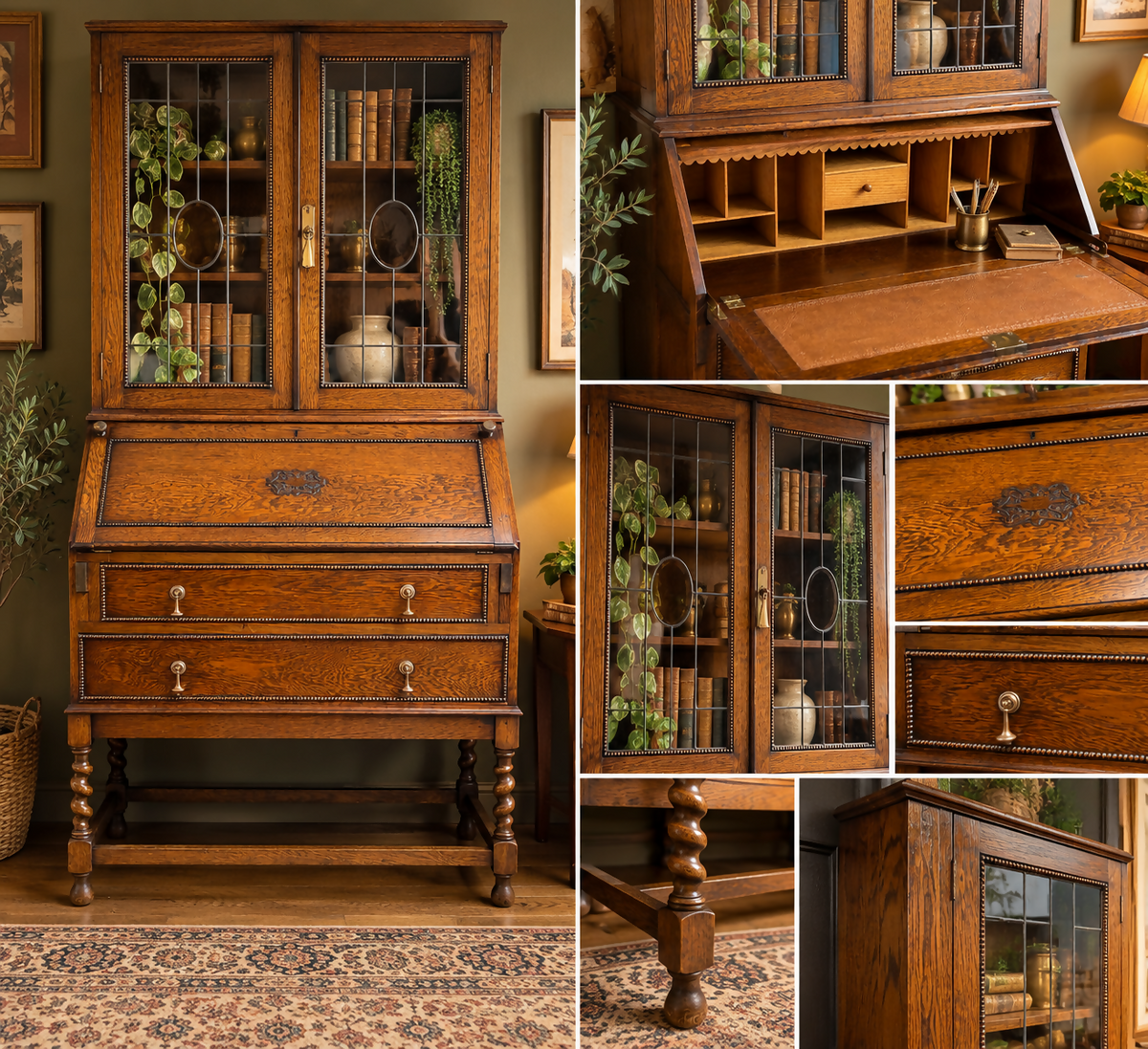 Antique Jacobean style glazed bureau bookcase