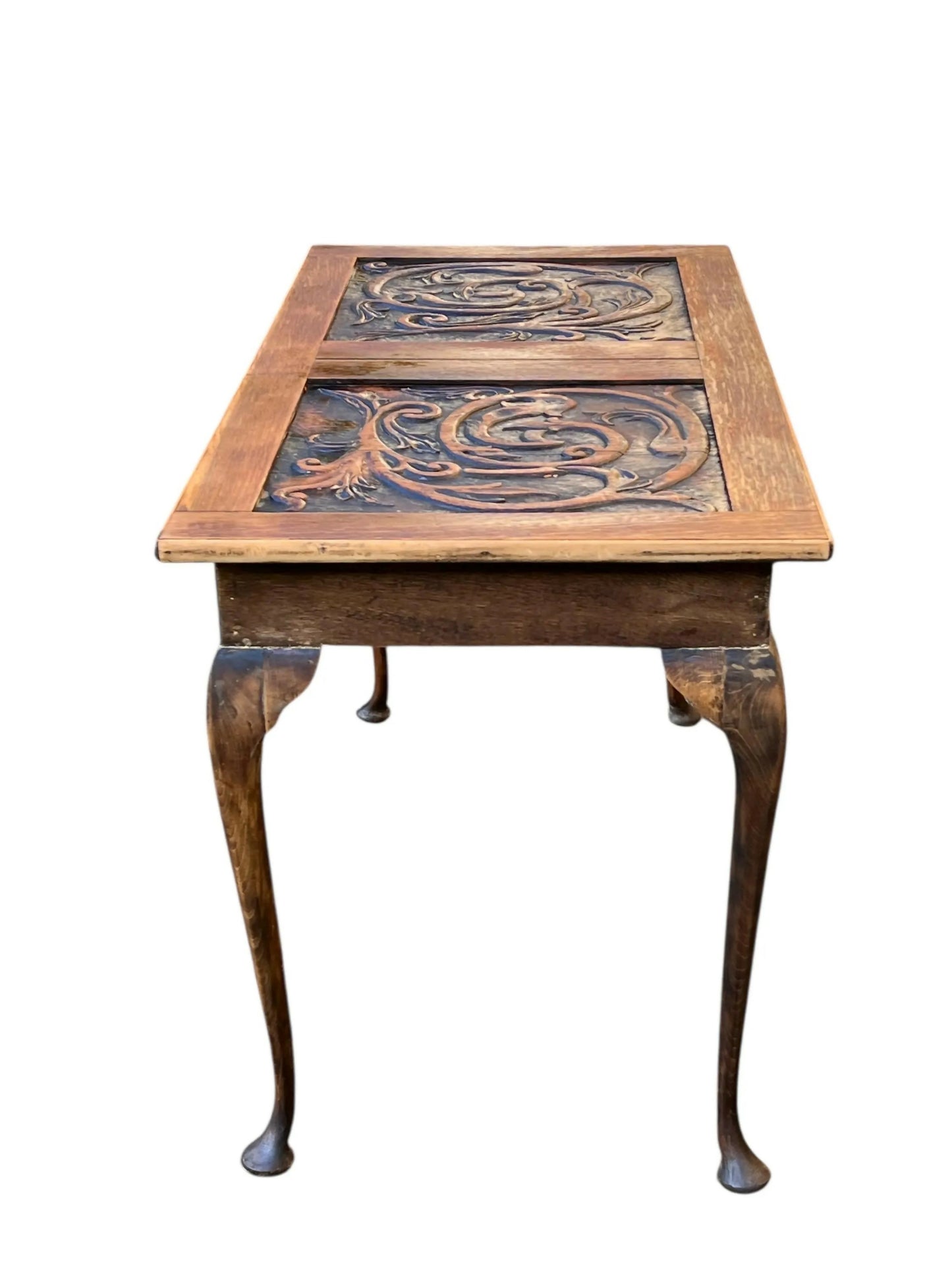 Antique Oak carved side table / server on cabriolet legs