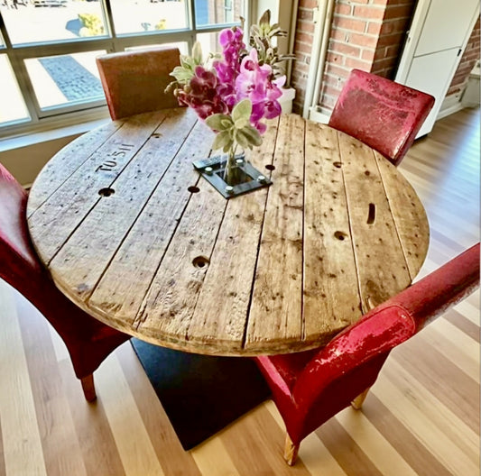 Original, Bespoke made Solid Cable Reel Round Dining Table, with four Bespoke made Dark Fuchsia Chairs