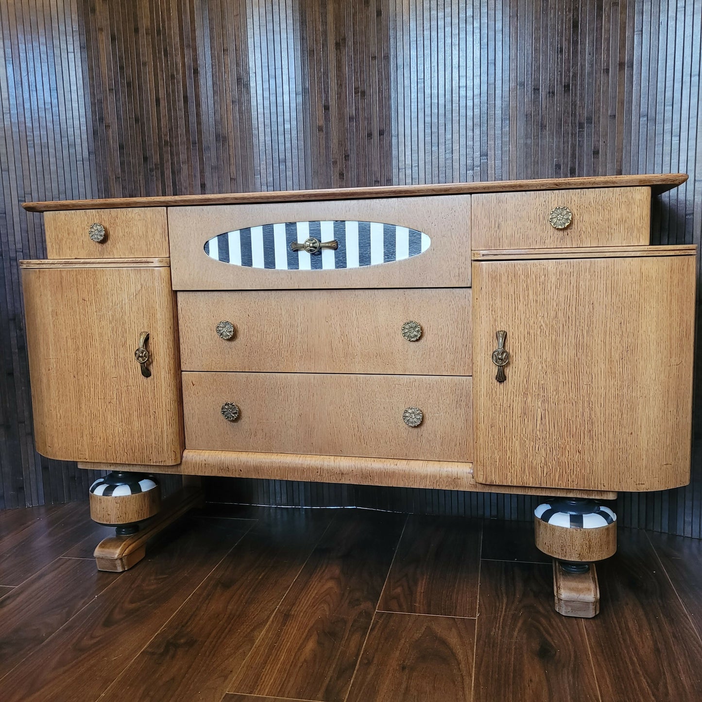 Art Deco Beautility Sideboard. Refinished Oak Cabinet. Striped vintage furniture.