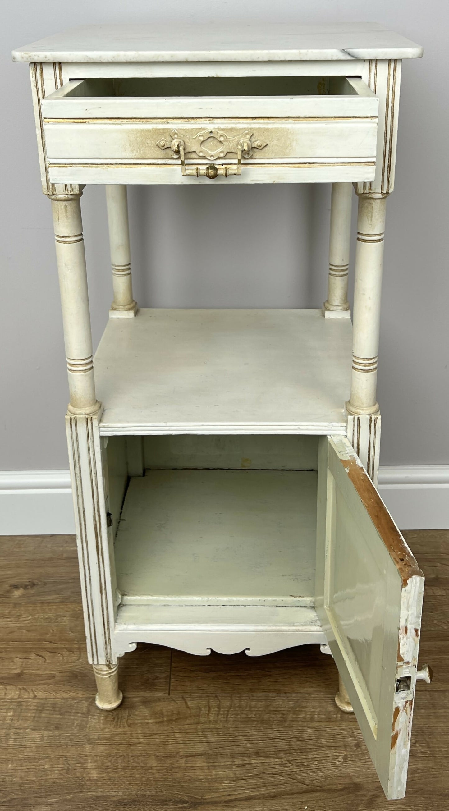 Bedside Table Antique French Style Marble Top Oak Cabinet Nightstand LOT 6224