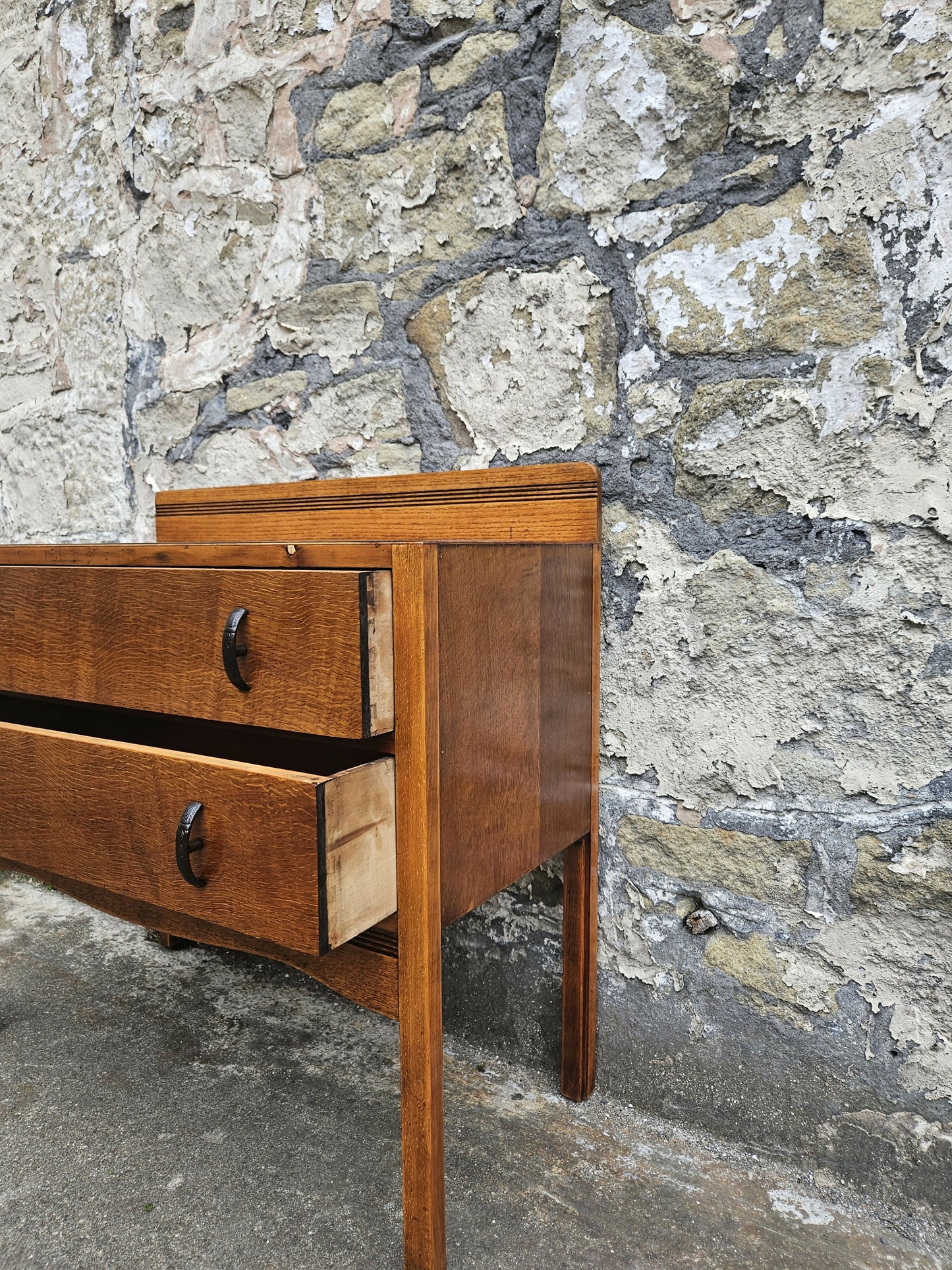 Vintage Oak Chest of Drawers: Mid-Century Modern Tallboy Cabinet Two Drawer