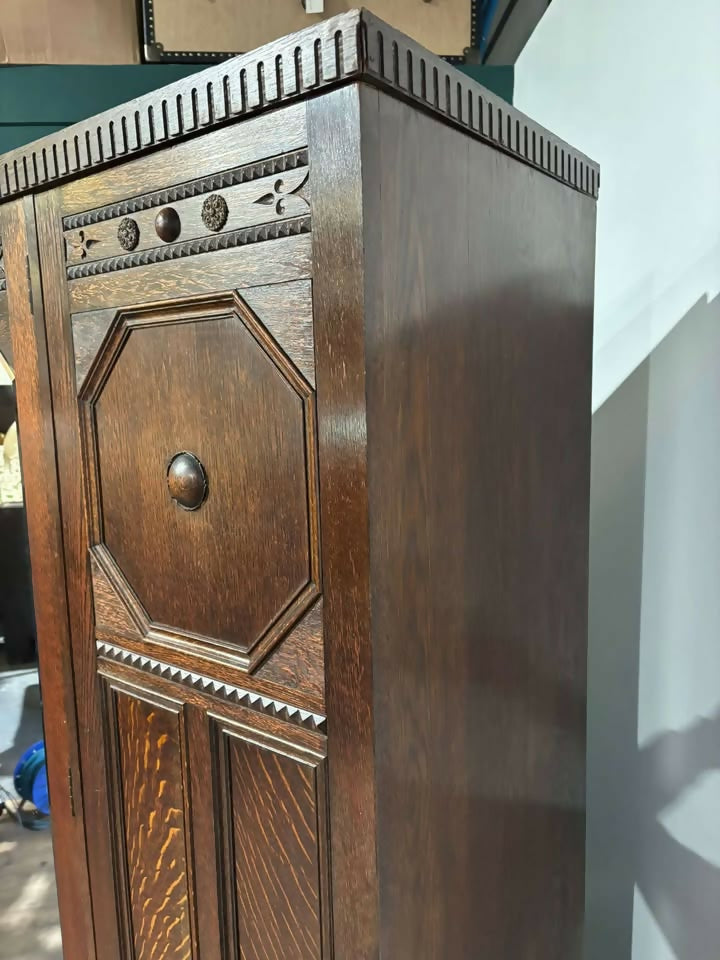 Vintage Oak Panelled Wardrobe with Central Mirror Door