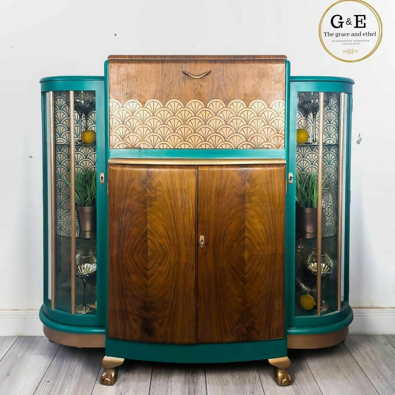 Large Art deco drinks cabinet, teal, cocktail cabinet, gin bar, vintage, retro, gin cabinet,statement,display cabinet