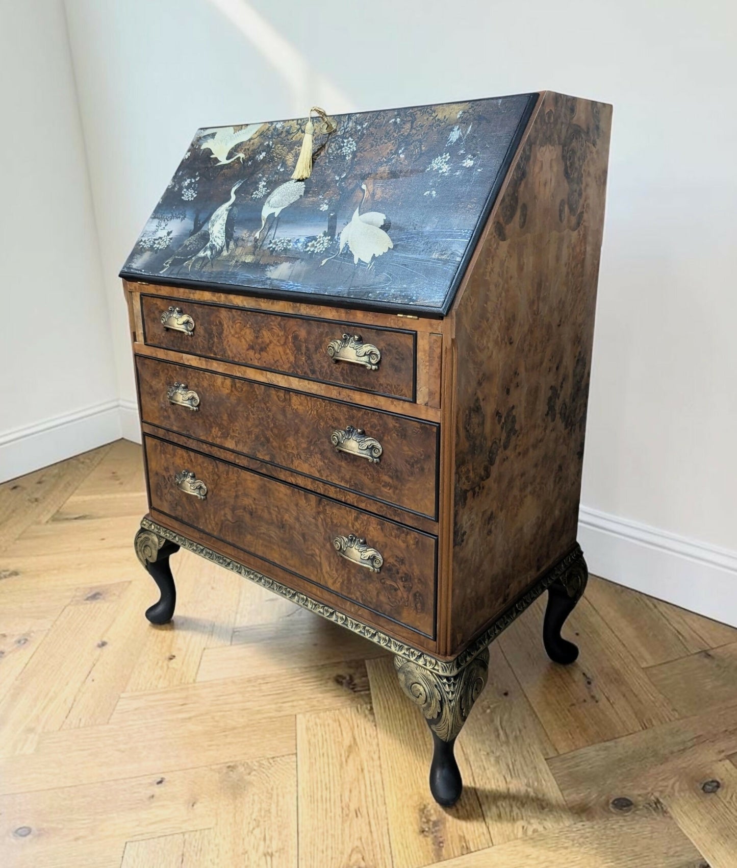 Solid walnut chinoisorie burr wood black gold bureau desk drawers