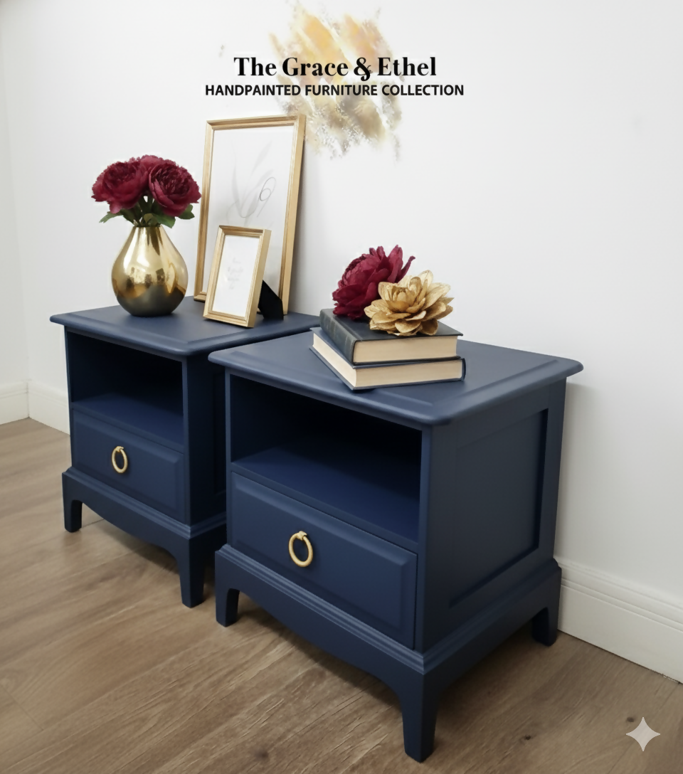 Stag cubby bedside cabinets in navy blue