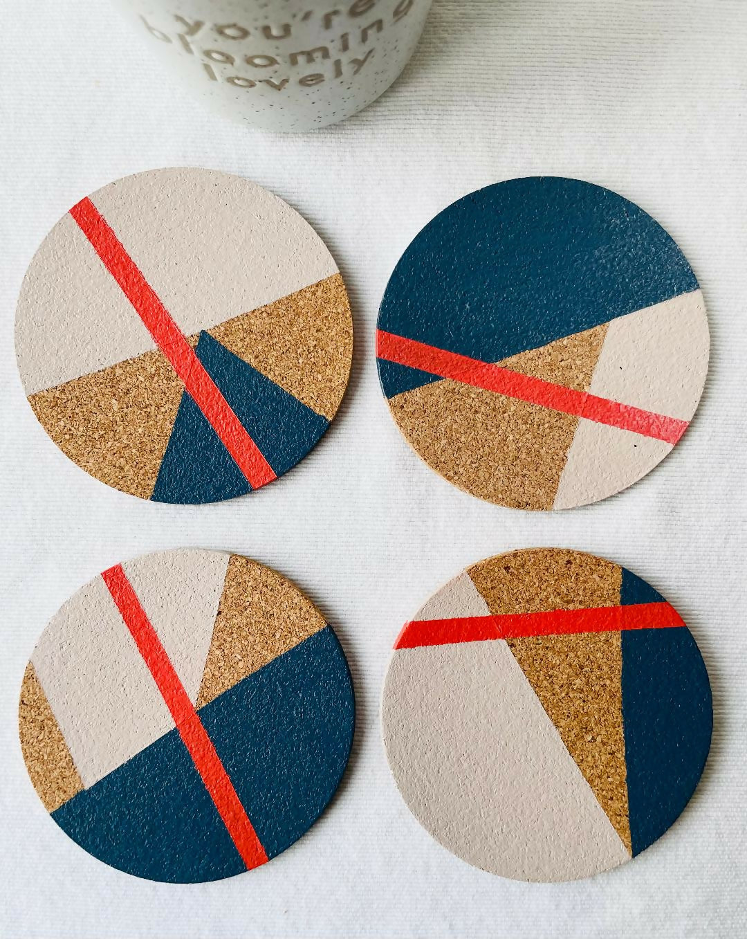 NOW SOLD Set of 4 Cork Coasters - Hand Painted Geometric/Modern Design (Blue/Grey/Coral)