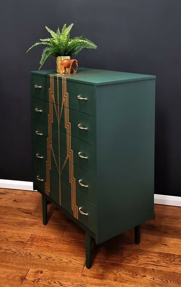 Mid Century modern Drawers,Green and Gold Chest of Drawers.