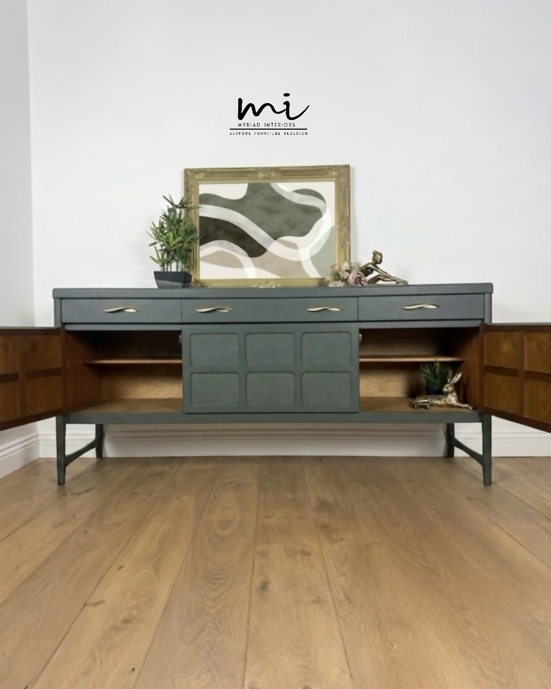 Refinished Mid Century Deep Olive Green Large Nathan Sideboard with drinks cabinet