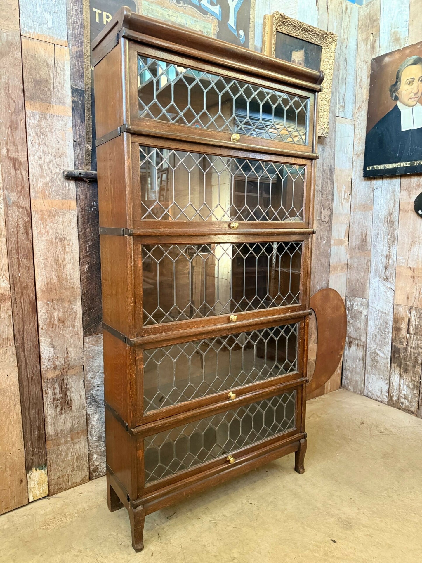 Antique Globe Wernicke Oak Five Stacking Modular Barristers Solicitors Office Glazed Bookcase Cabinet, c1930