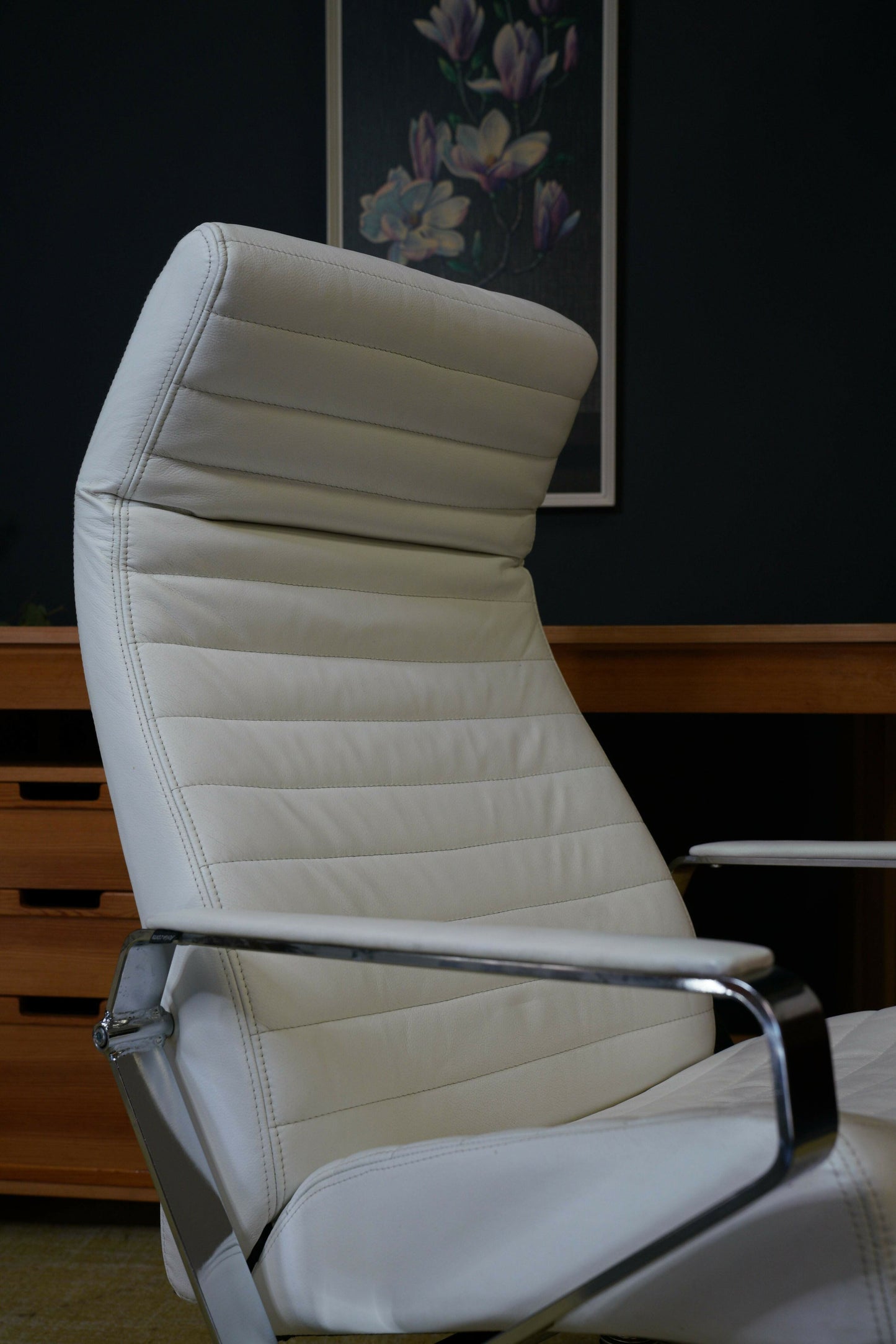 Vintage Danish Modern High Back Swivel Lounge Chair | Chrome & White Leather