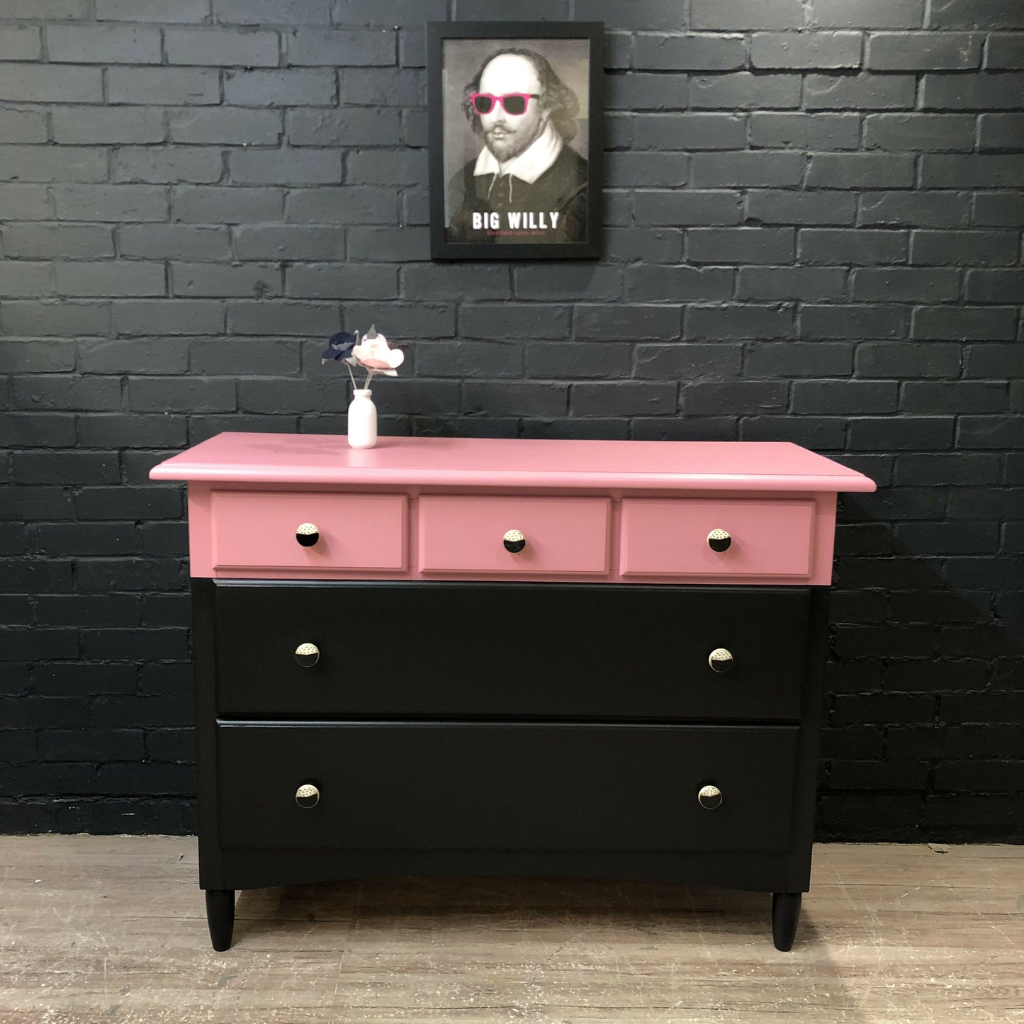 MADE TO ORDER: Upcycled chest of drawers in two-colour combination scheme, black and rasberry pink