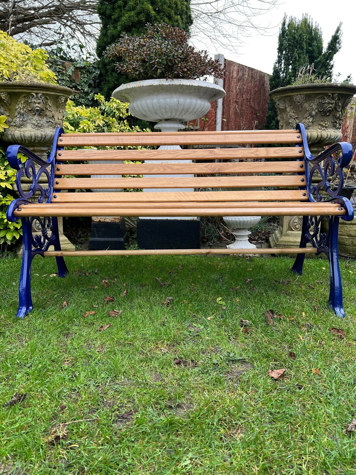 Cast Iron and Oak Garden Bench finished in Cadburys Blue