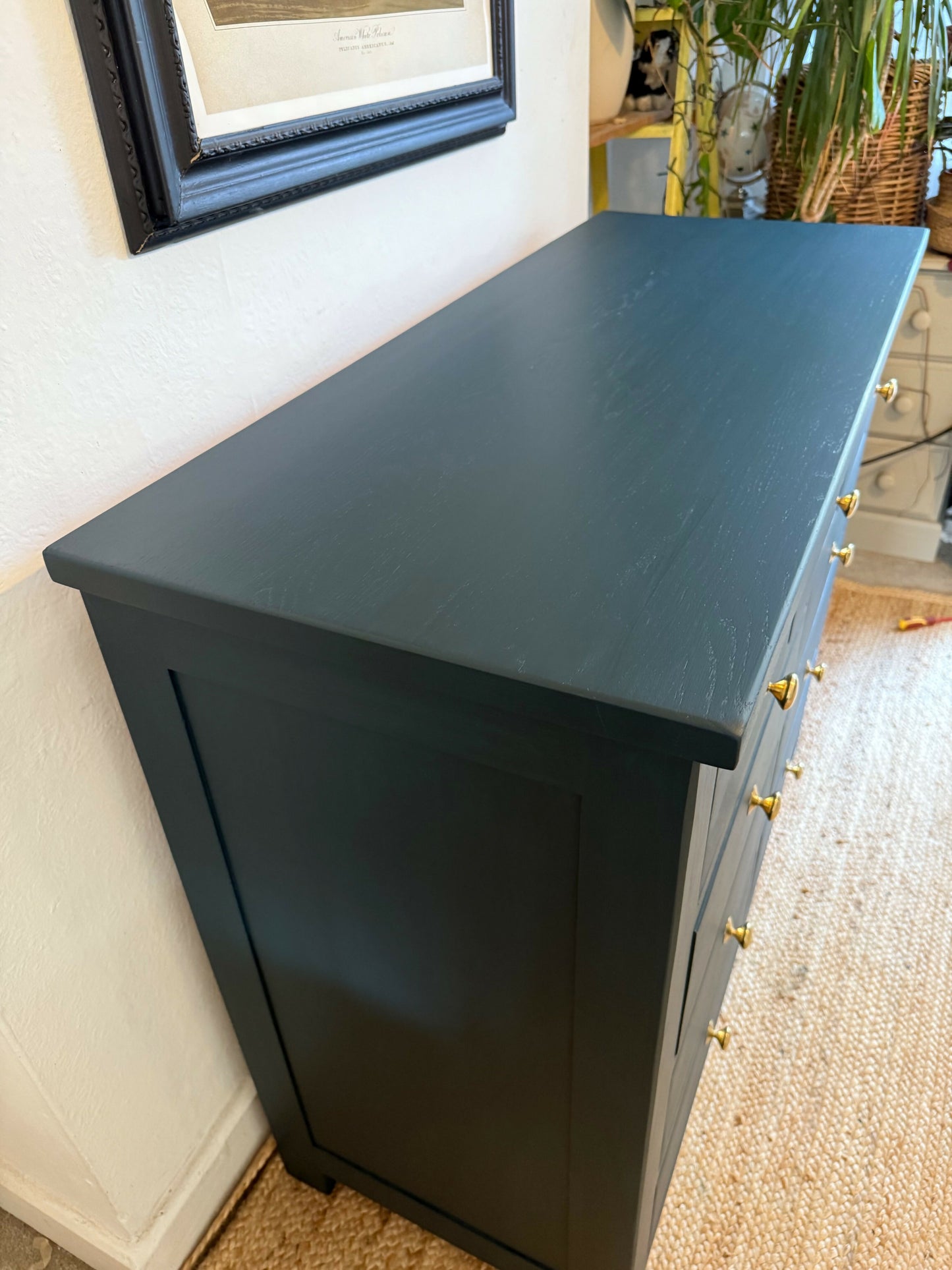 Newly refurbished solid oak chest of drawers bank of drawers dresser blue sideboard