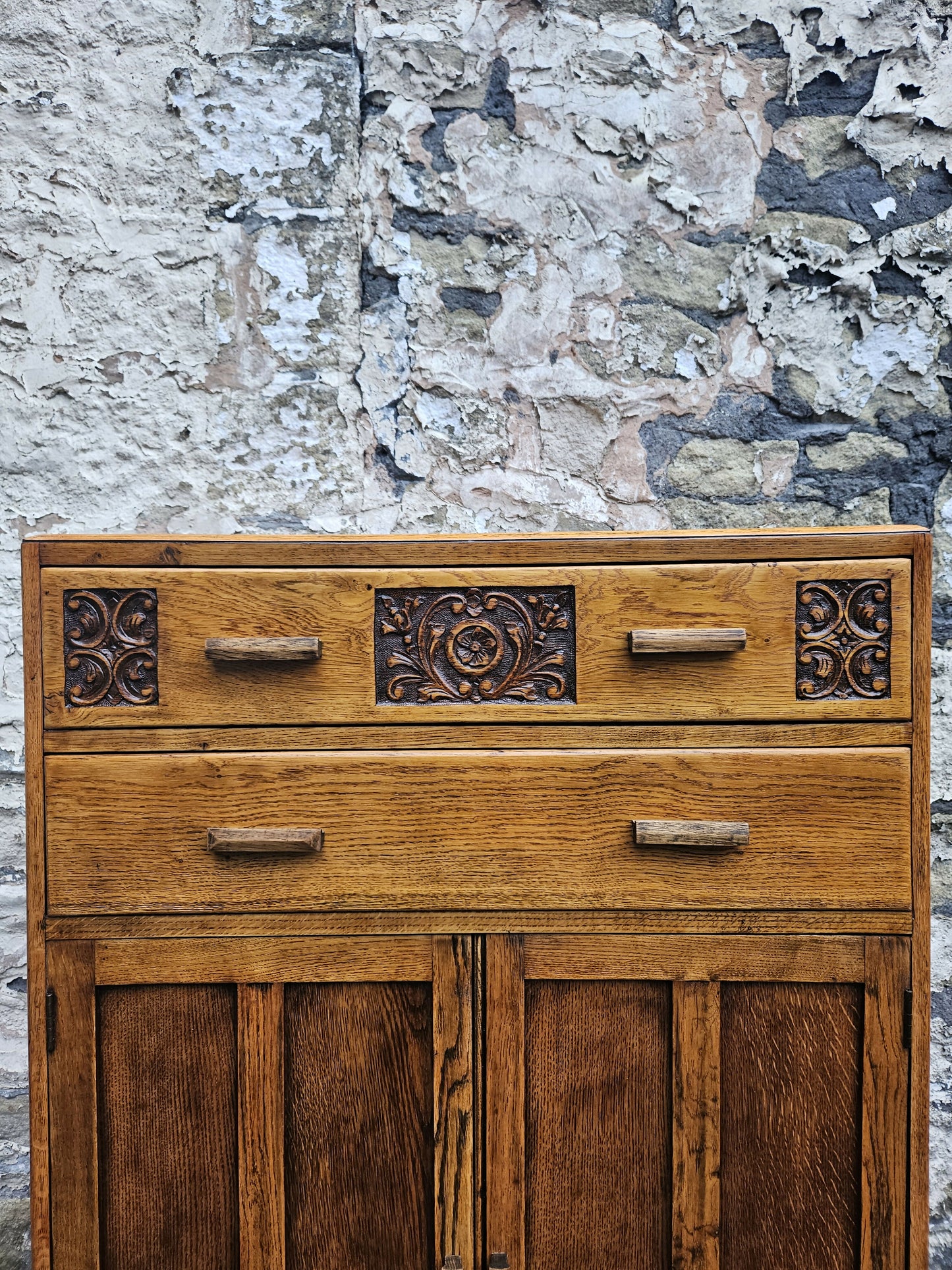 Vintage Oak Tallboy With Two Drawers And Cupboard Super Detailing And Proportions