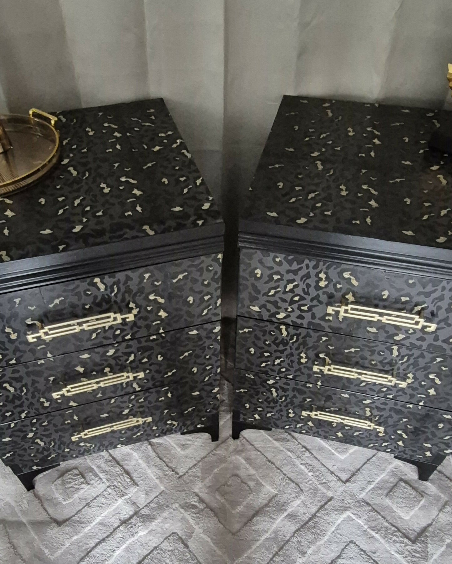 Luxe Black & Gold upcycled Leopard Print Bedside Tables | Art Deco Glam