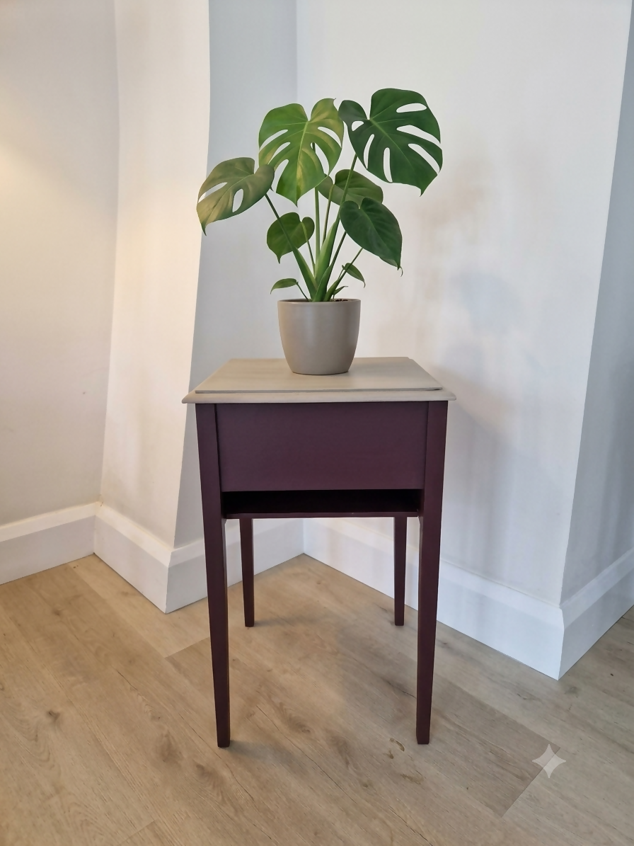 Antique Sewing Box Table — Aubergine painted, Silk lined