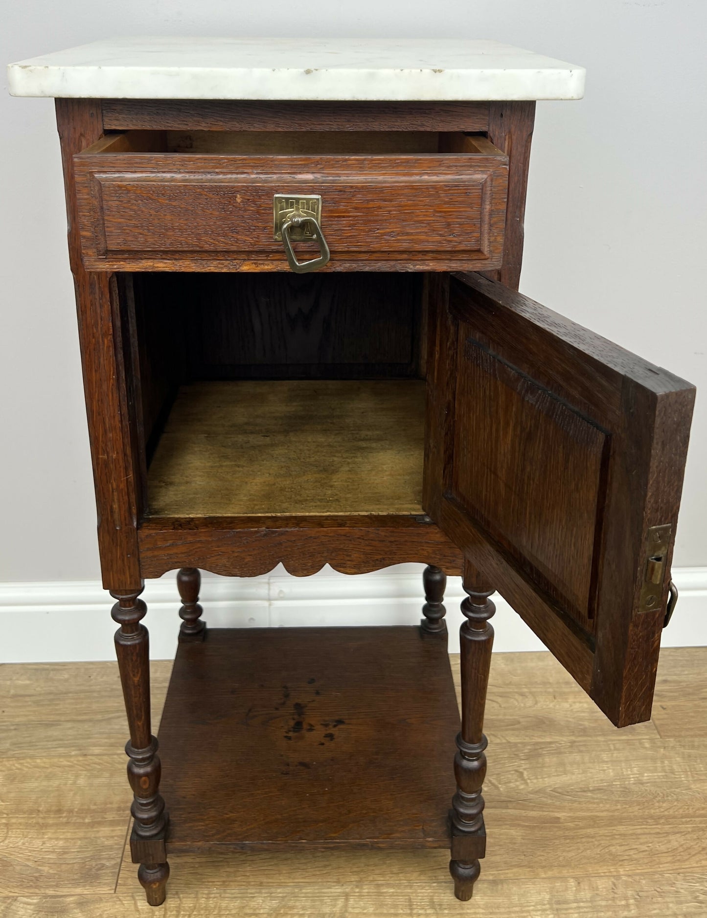 Bedside Table Antique French Style Marble Top Oak Cabinet Nightstand LOT 6246