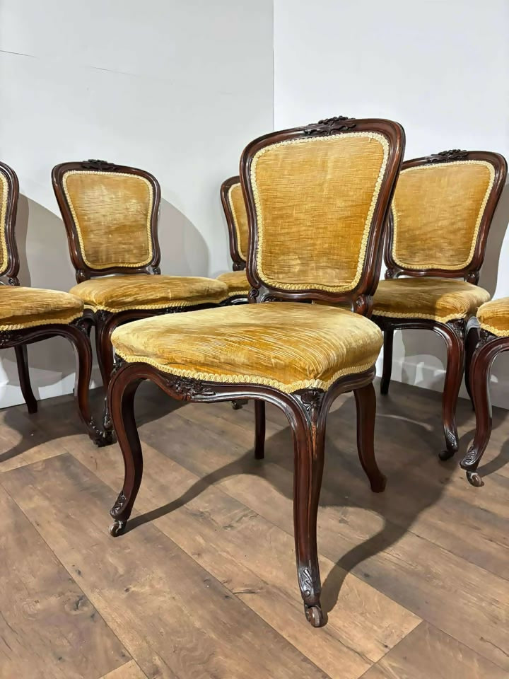 Vintage Set Of Six French Mahogany Framed Dining Chairs