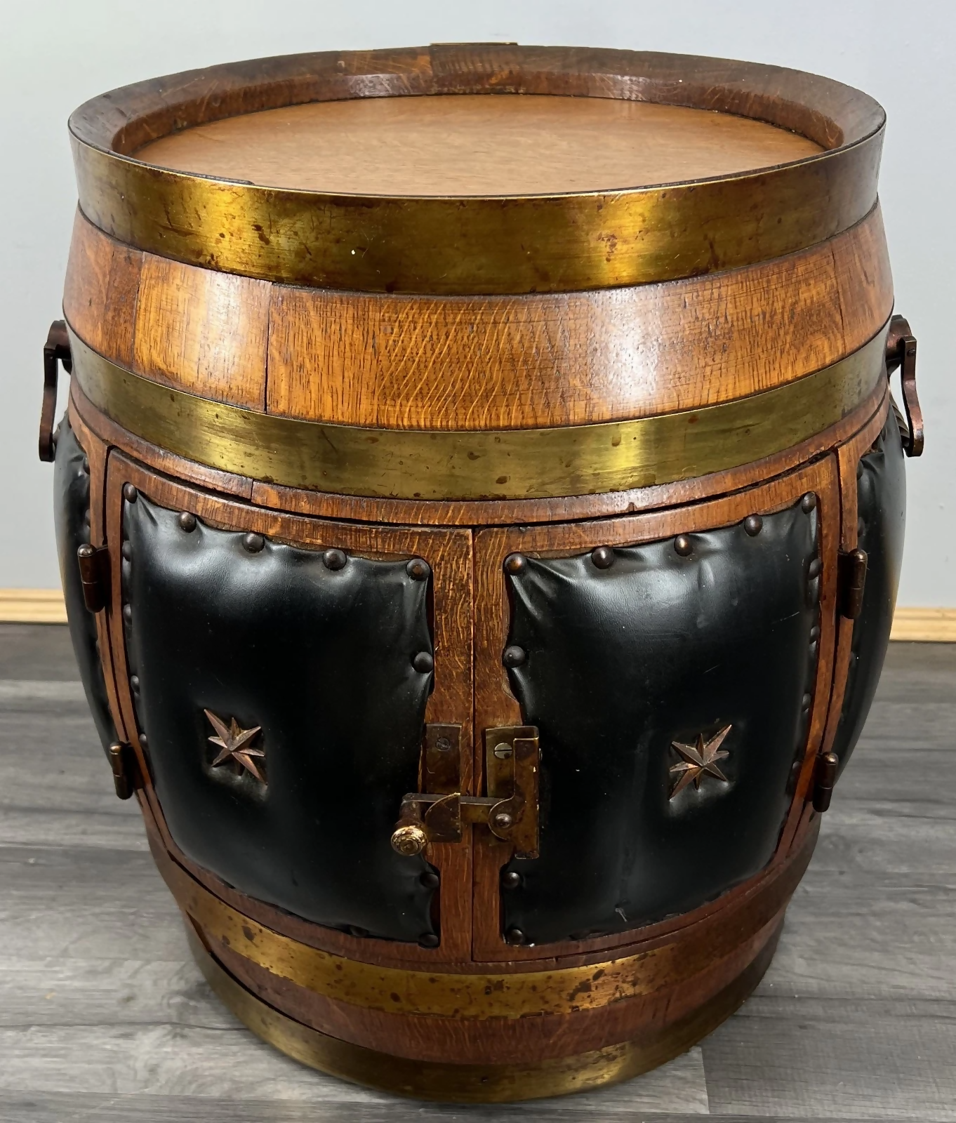 Drink Cabinet Vintage French Style Oak Brass Trim Barrel Carved Storage LOT 3900