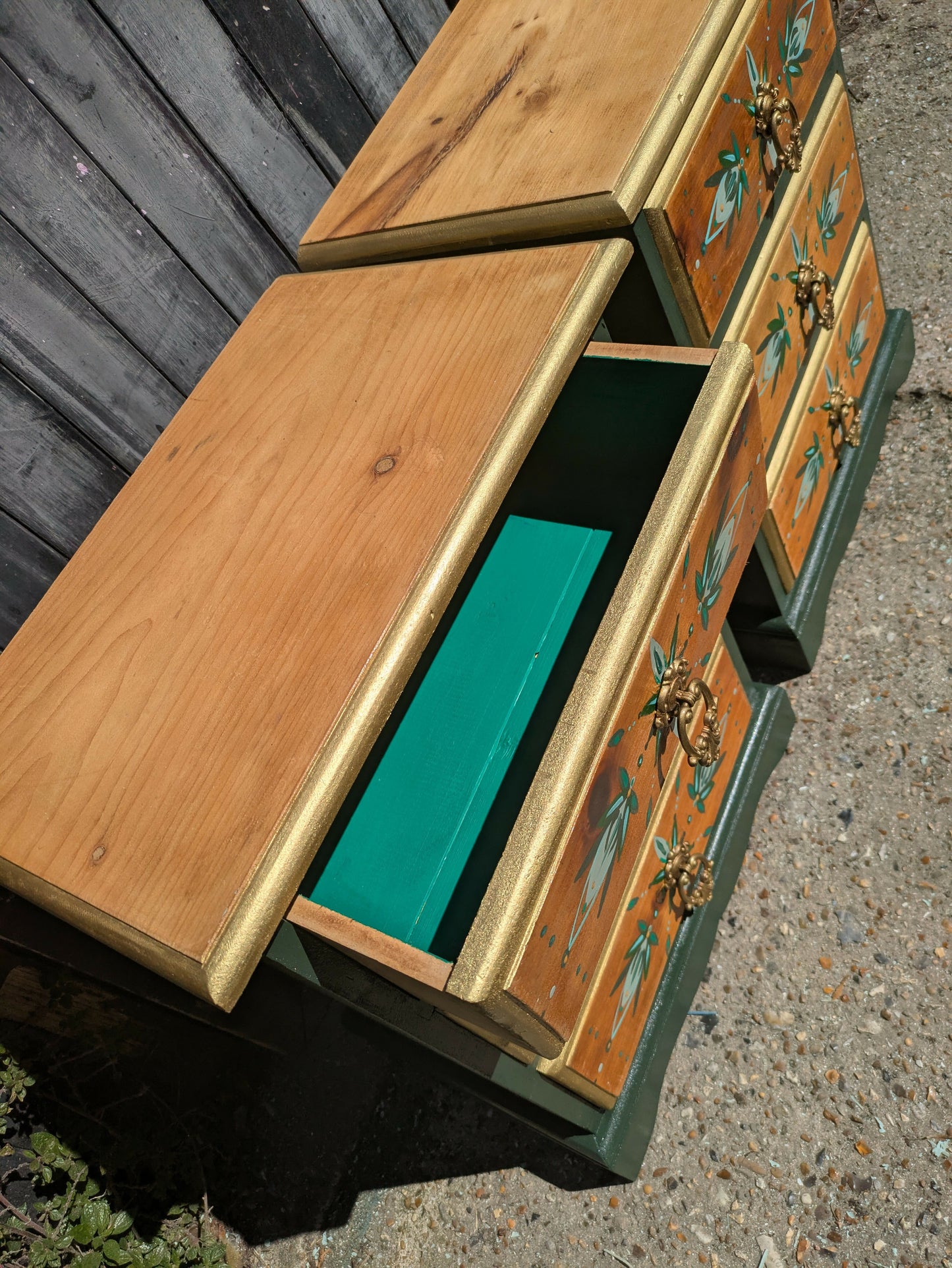 Pair of matching bedside drawers cabinets green gold