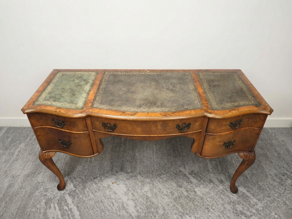 Vintage Cameo by Sklan Burr Walnut Writing Desk / Dressing Table with Leather Inlay & Cabriole Legs