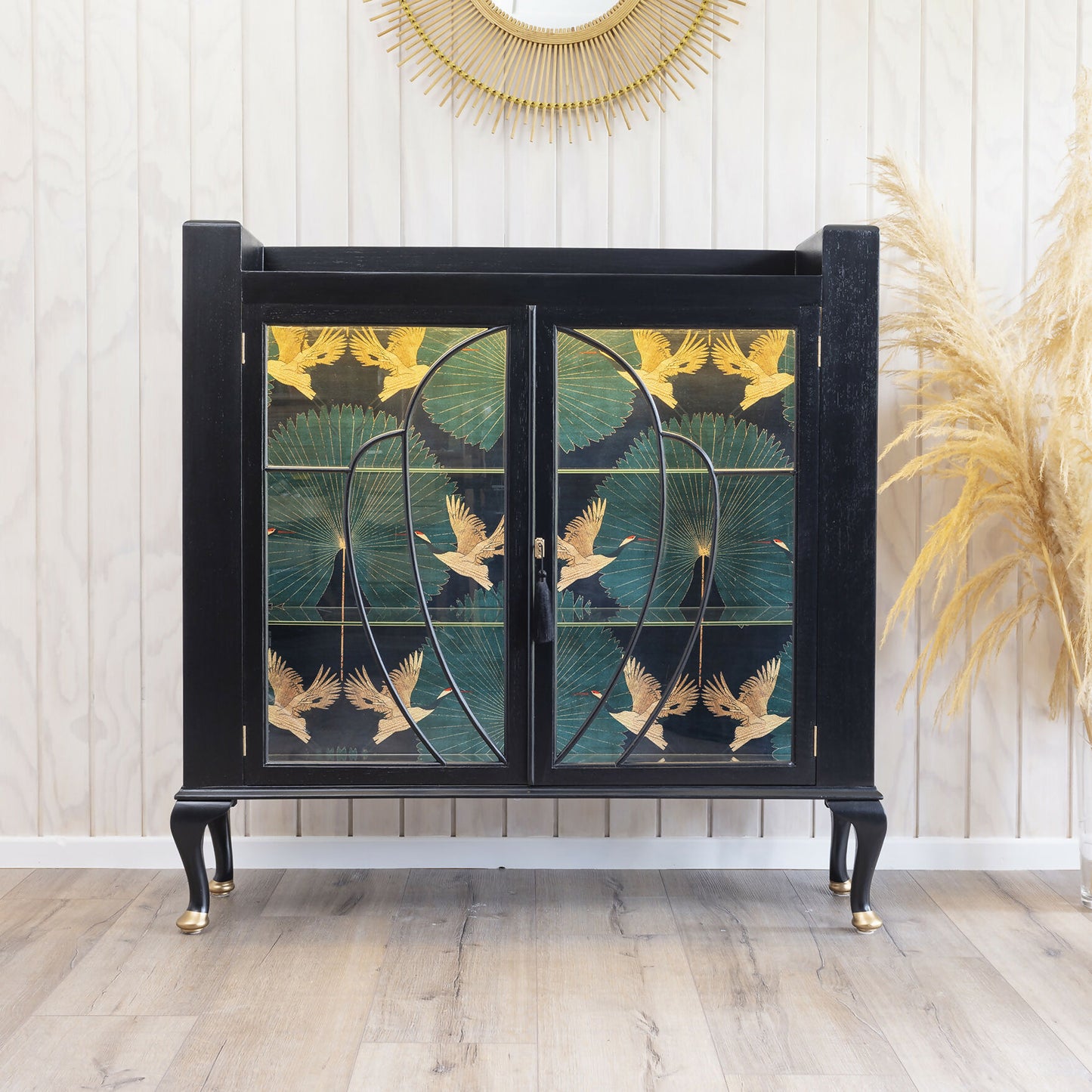 Exquisite Art Deco drinks cabinet decoupaged in a striking blend of emerald, subtle gold and black crane fabric. Sold, commission available.