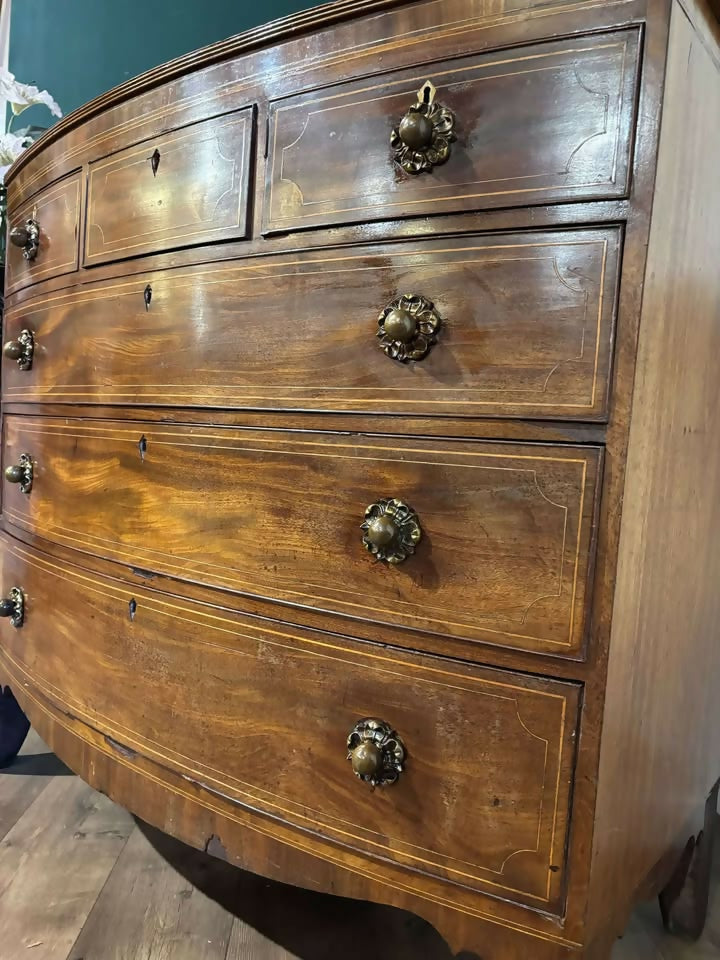 19th Century String Inlaid Bow Fronted Mahogany Chest Of Drawersm