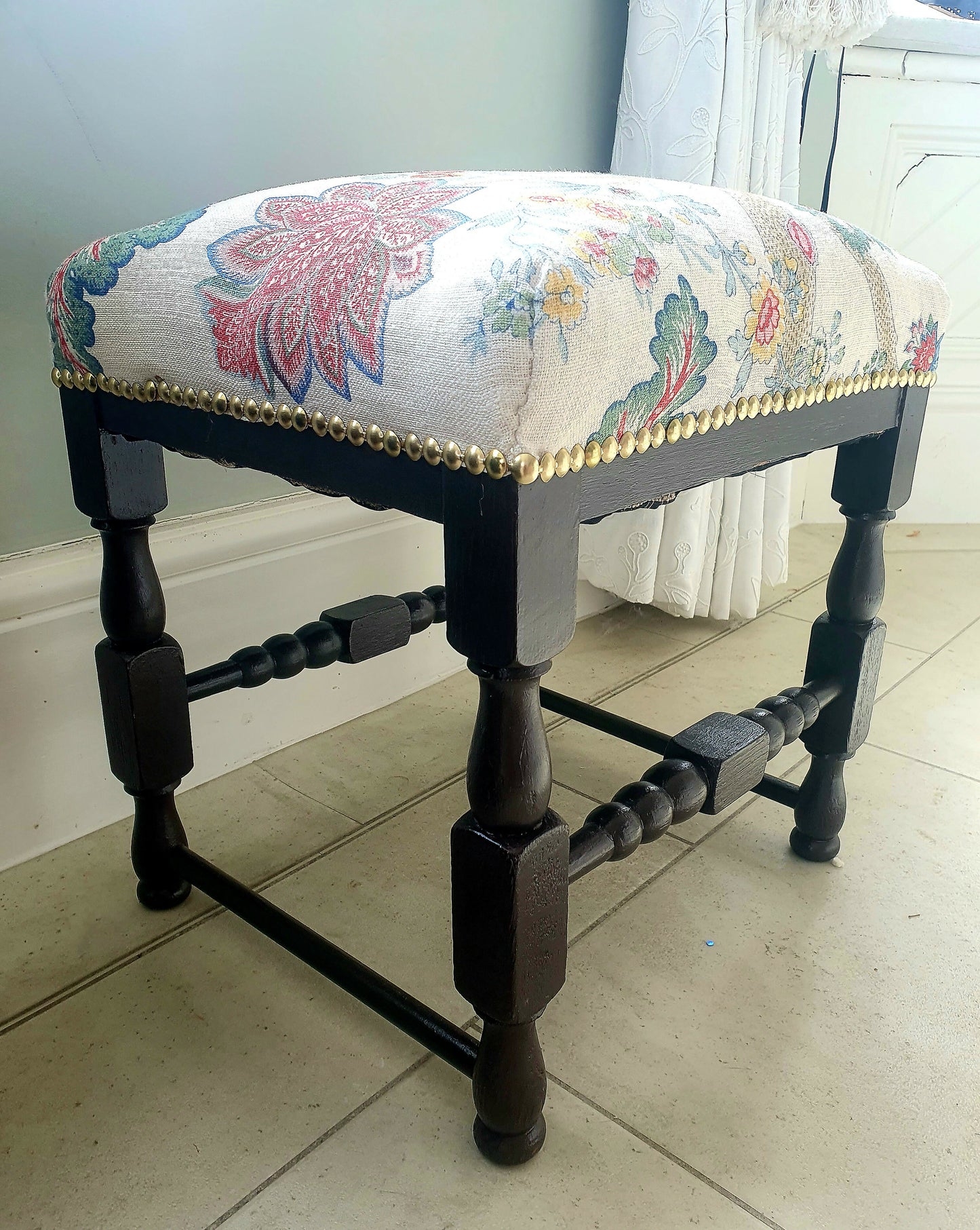 Footstool Vintage Oak Seat. Stool Restored Reupholstered in Linwood Linen