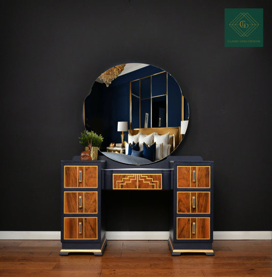 Burr walnut dressing table, art deco navy and gold