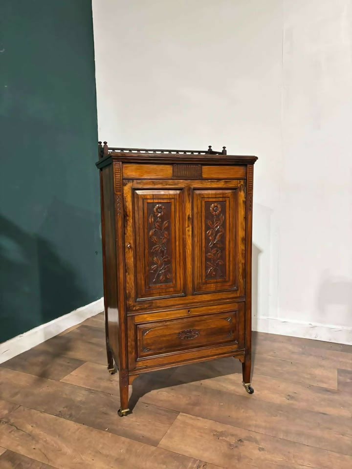 Victorian Rosewood Music Cabinet with Carved Floral Detail