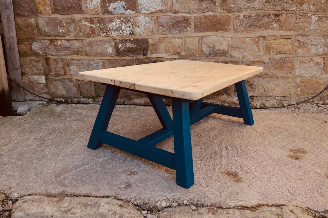 Solid Wood Farmhouse Coffee Table | Handcrafted Rustic Coffee Table with Natural Top & Navy Painted Base