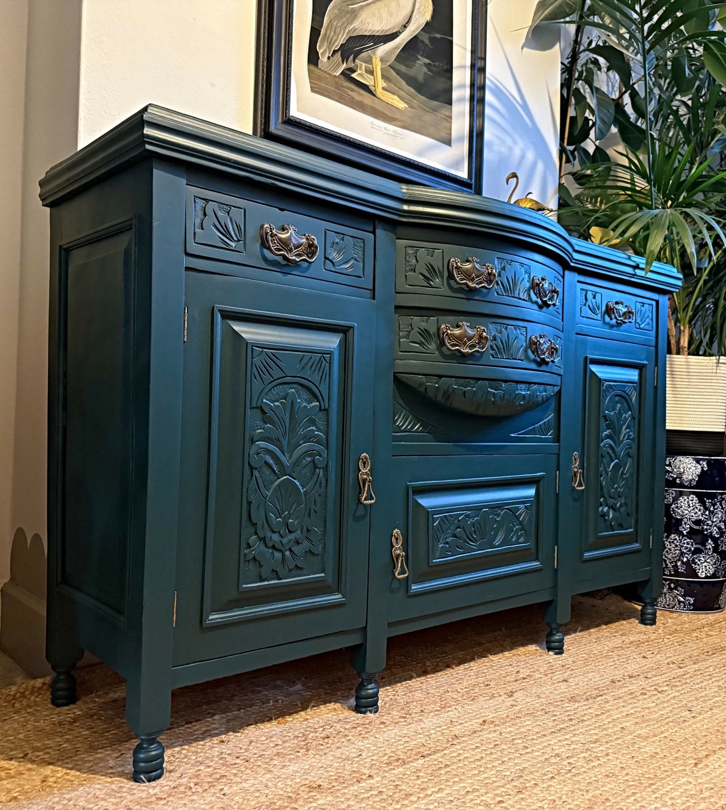 Newly refurbished antique sideboard solid oak green Edwardian