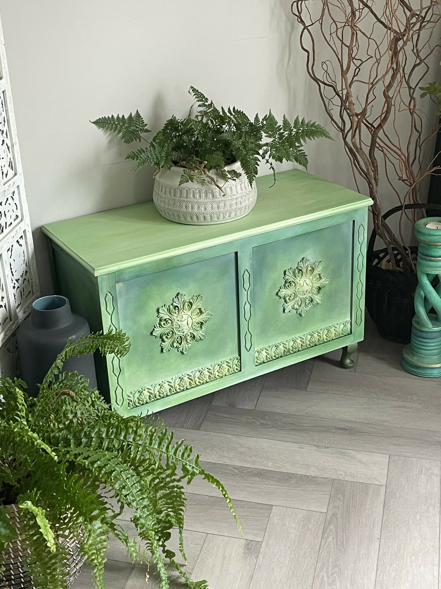 Vintage blanket box, hand painted green, boho