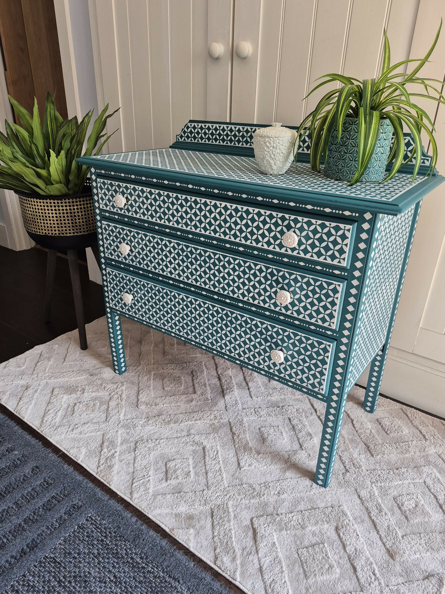 SOLD - Hand Painted Vintage Chest of Drawers: Hand-Stencilled Indian Inlay Inspired Furniture