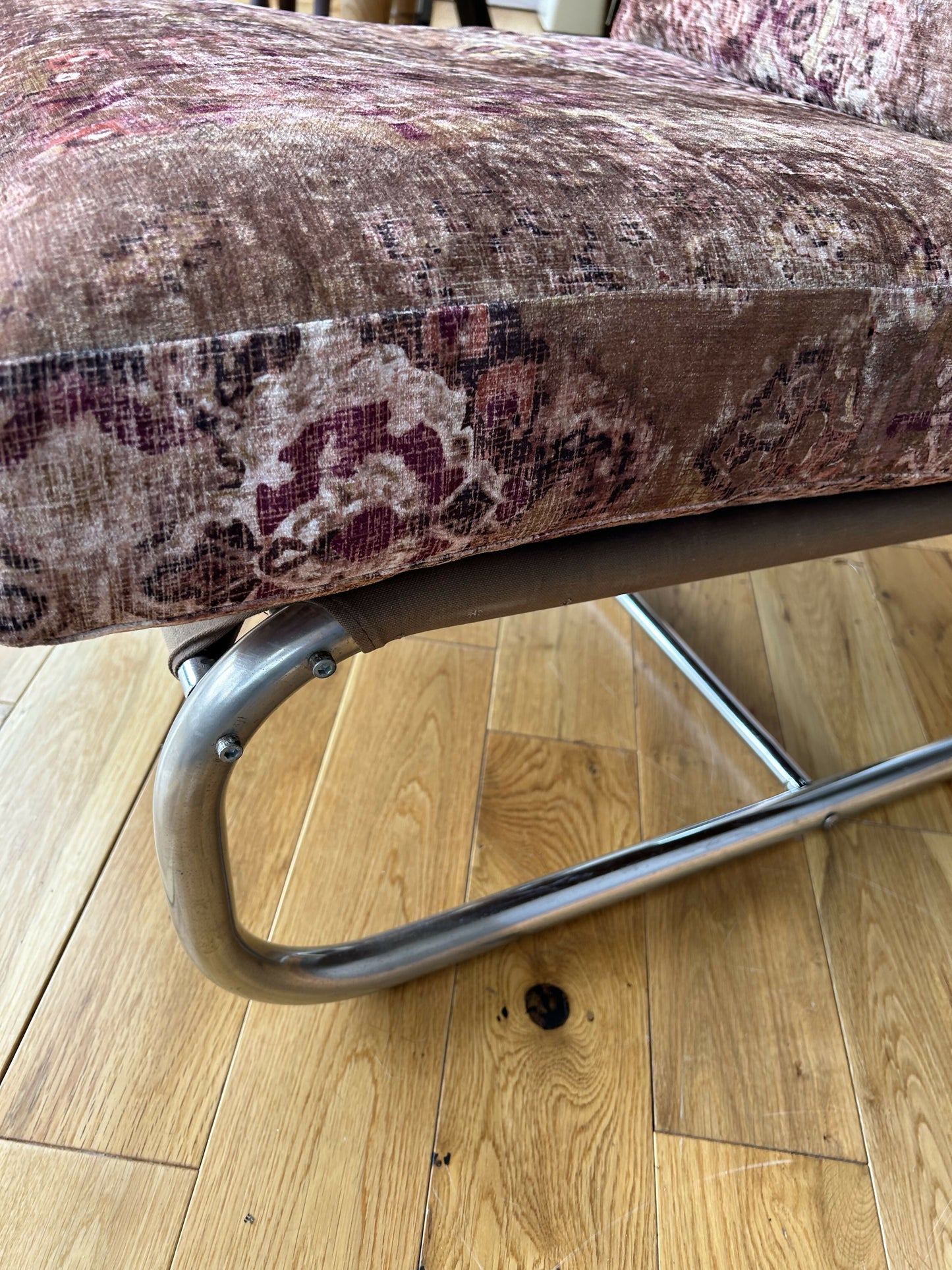 Mid Century 1970s vintage chrome lounge chair with new cushions and upholstery
