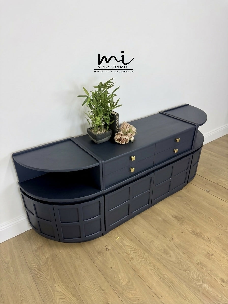 Mid Century Nathan teak modular sideboard set in navy blue, tv stand, media unit, retro corner cupboard, console, cocktail cabinet drinks