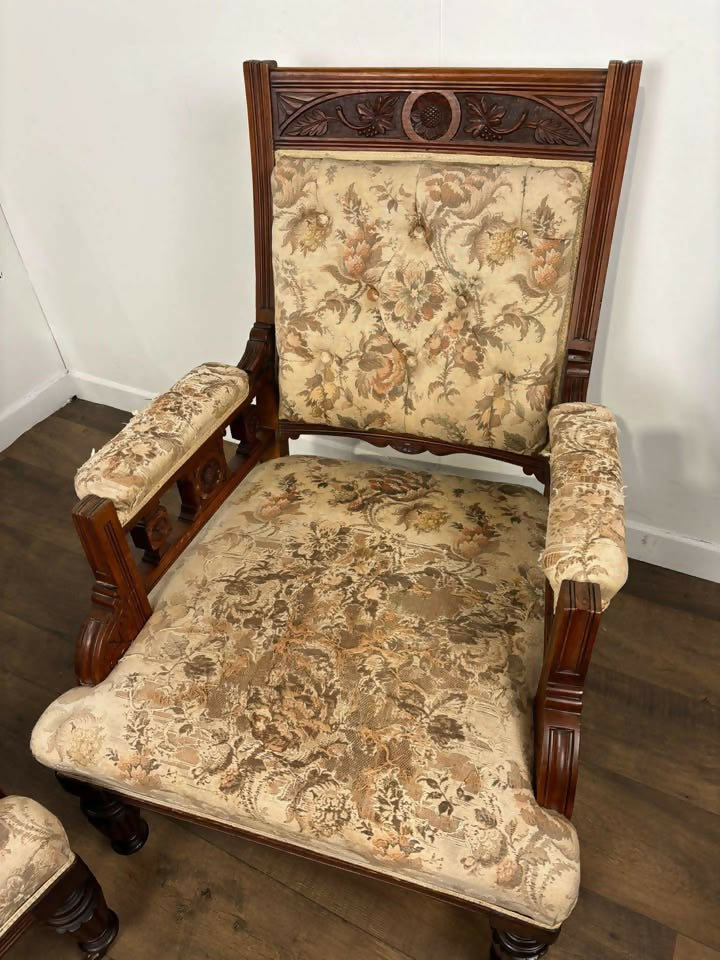 Pair of Victorian Carved Walnut Upholstered Library Armchairs